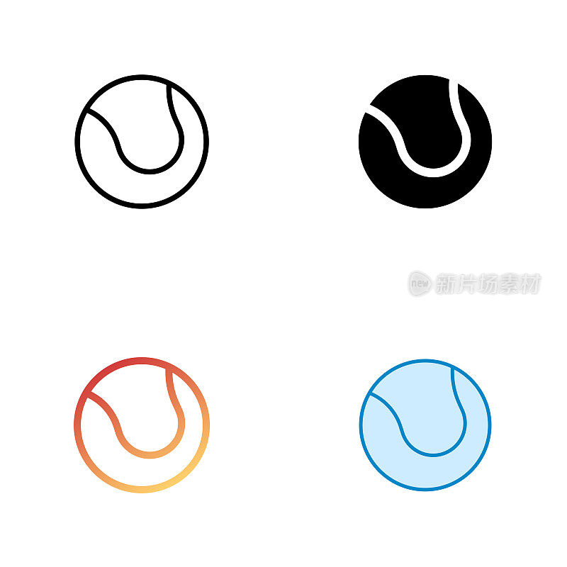 网球通用图标设计在四种风格与可编辑的笔画。线，实线，平线和颜色渐变线。适合网页，移动应用，UI, UX和GUI设计。